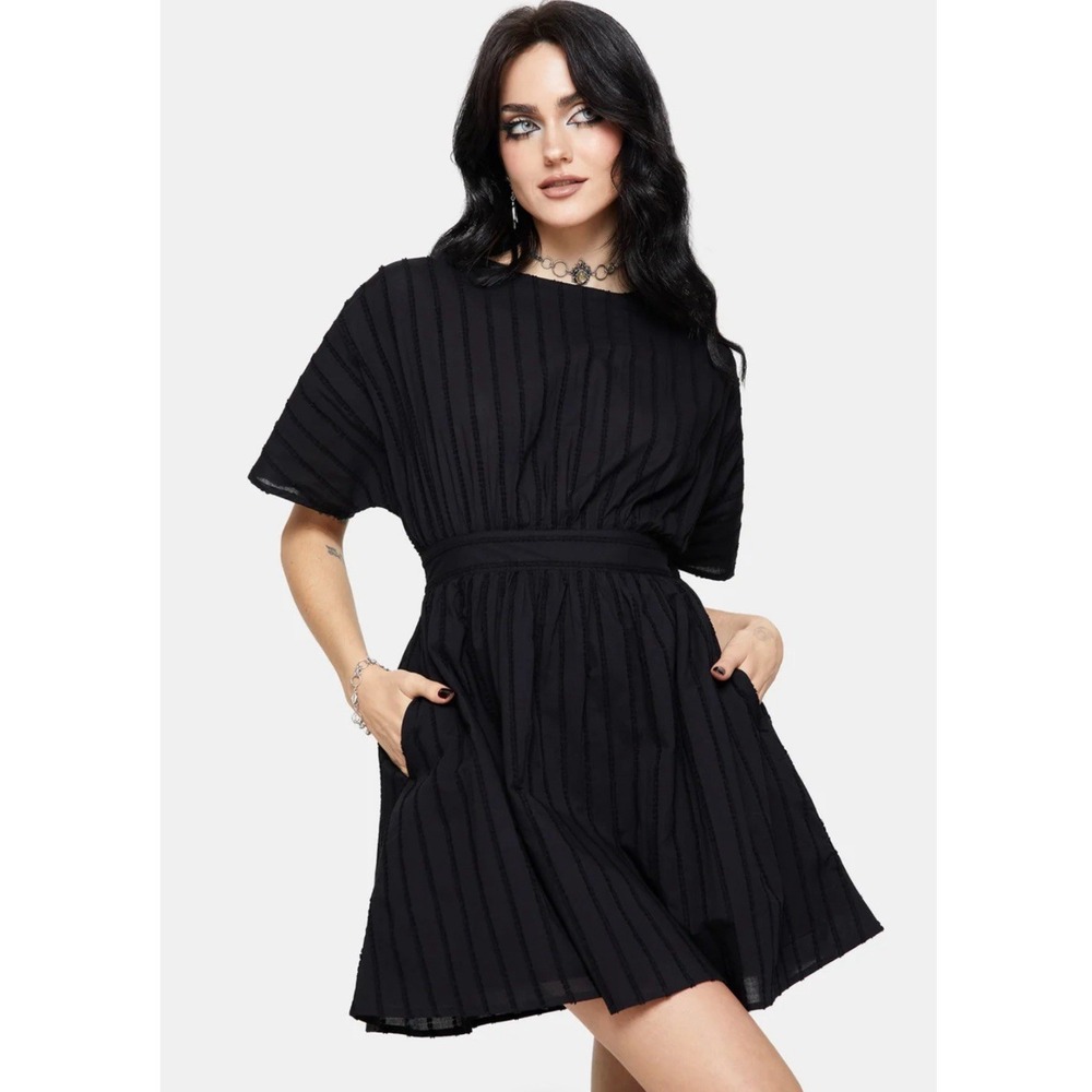 NWT Disturbia Blythe Cotton Tie Back Mini Dress Black Short Sleeve Size US 8
